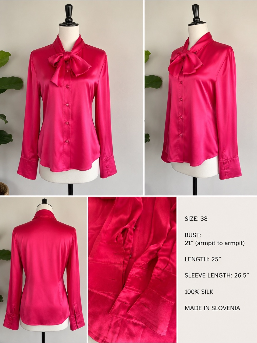 ESCADA 100% Silk Fuchsia Bow Blouse